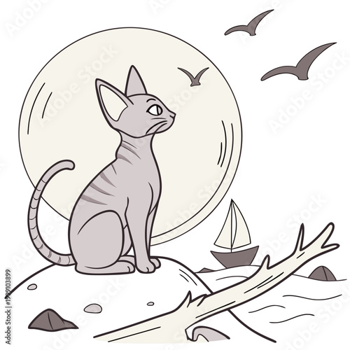 Charming SVG of a Playful Sphynx cat featuring sitting on a moon, styled in a Beach day theme with Ocean Breeze hues