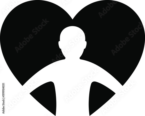 White silhouette of a person with arms outstretched inside a large black heart shape, symbolizing love, compassion, and openness, isolated on white background, keywords: love, heart, compassion