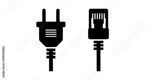 Black Power Plug and Ethernet RJ45 Connector Icons Isolated on White