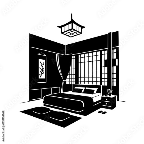 Minimalist Zen Bedroom Interior in Japanese Style Black and White Illustration