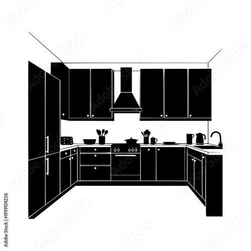 Modern U-Shaped Kitchen Silhouette Vector Illustration with Cabinets and Appliances