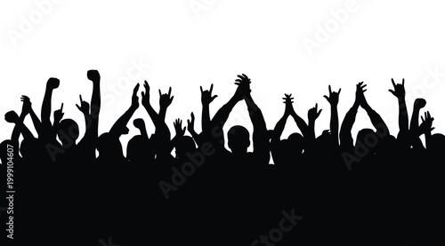 Silhouette of a cheering crowd with raised hands