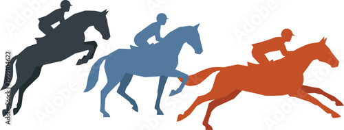 Jockeys riding horses are shown in a flat illustrated style representing different stages of movement.