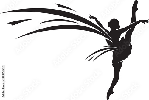 Ballerina dancer silhouette, dynamic dance illustration, black vector icon, ballet performance art