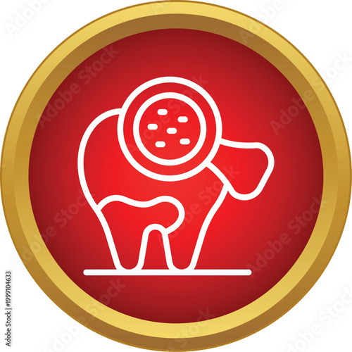 Tooth icon with magnifying glass performing a dental cavity inspection against a red background