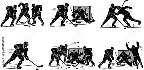 Ice hockey action silhouettes set with players goalie and team play scenes isolated on white background