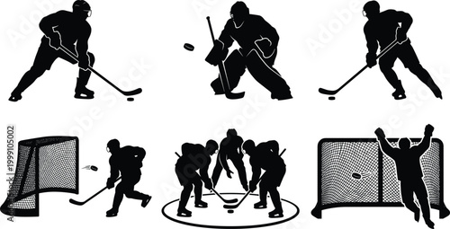 Ice hockey silhouettes set with players goalie and faceoff action isolated on white background for sports design