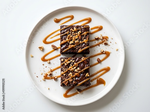 Delicious chocolate brownies with caramel sauce and nuts on a white plate for dessert  sweet treat for any occasion