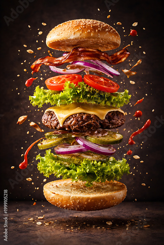 Exploding Gourmet Beef Burger with Flying Fresh Ingredients