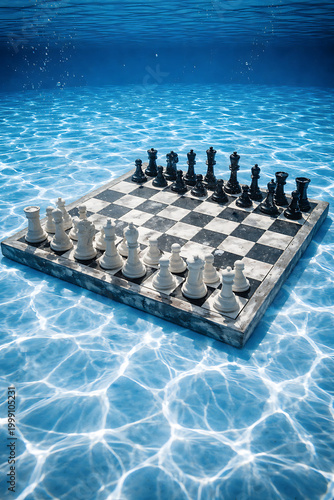 Classic Chess Board Floating on Clear Blue Water Ripples