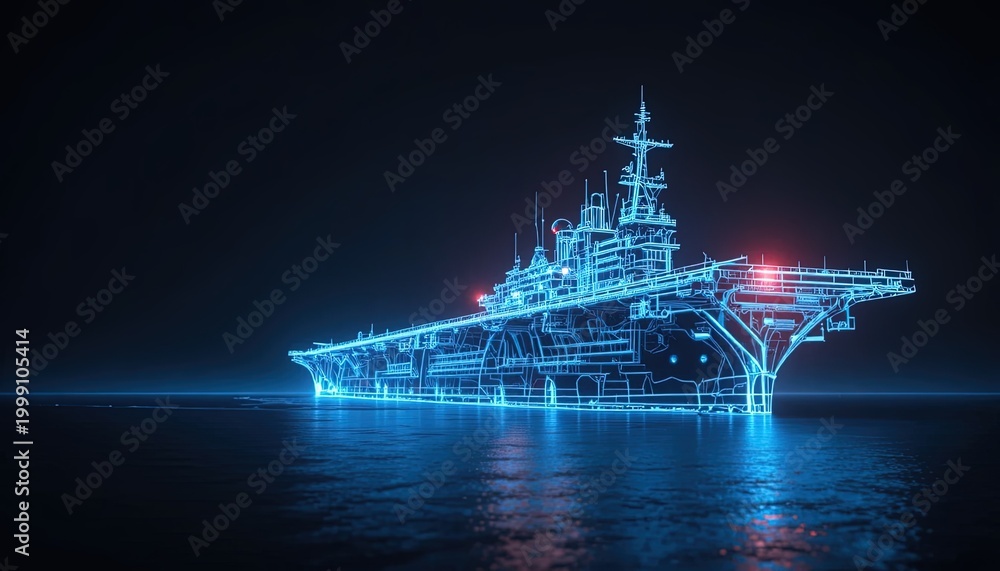 Fototapeta premium Sci-Fi Aircraft Carrier on the Ocean: Glowing Blue Outline of a Futuristic Warship at Sea