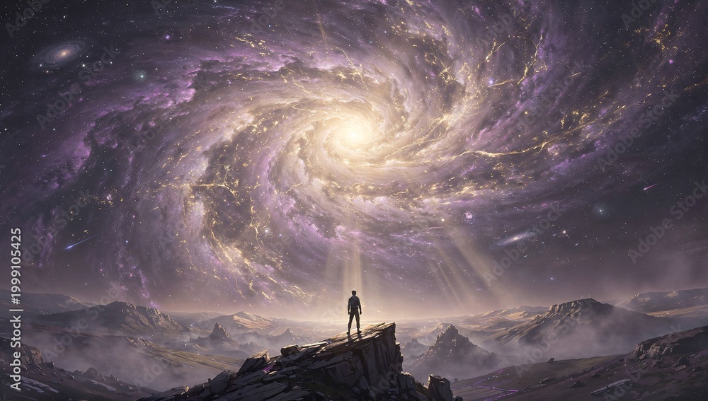 Fototapeta premium Silhouette of a person standing before a massive glowing nebula, concept of amazement and cosmic wonder.