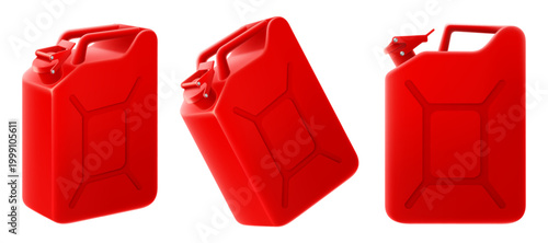 Red metal jerrycan isolated on a white background. Canister for gasoline, diesel gas. 3d rendering illustration