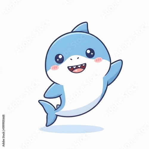 Cute baby shark cartoon character waving fin isolated on white background