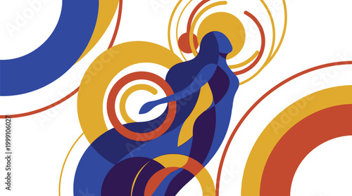 Woman silhouette rising through circular graphic rings symbolizes personal growth and spiritual enlightenment in a stylized artistic composition.