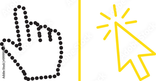 Dotted hand cursor and yellow arrow click icon isolated on white background
