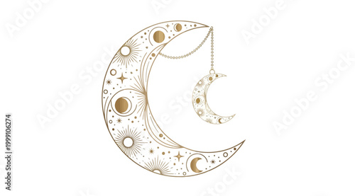 Golden crescent moon with celestial patterns and hanging moon charm
