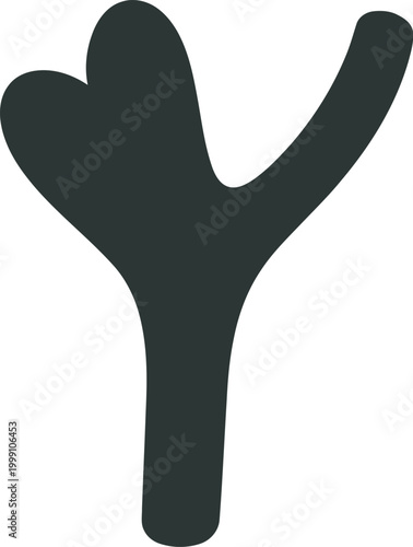 Black and white abstract of a stylized, branching form resembling a plant sprout or a simple tree, with a central stem and two diverging upper branches, isolated on a white background.keywords