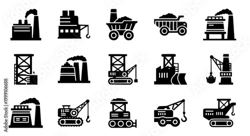 Industrial Mining and Heavy Machinery Icon Set in Solid Black Style