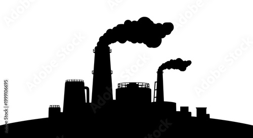 Industrial factory silhouette with smoke emitting from chimneys on white background
