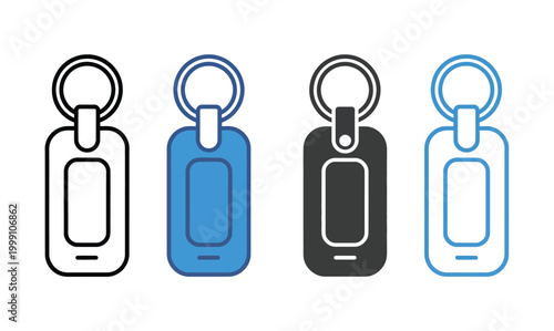Key tag icon set featuring blank keychain labels with rings, outline and solid styles, customizable design on transparent background