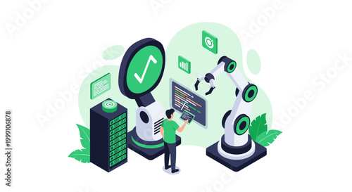 An automated robotic arm performs tasks on a screen displaying programming code while a technician oversees the process in a tech-focused green environment with foliage.