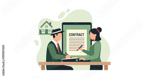 A man in a fedora and a woman sign a legal real estate contract at a wooden desk against a plain off-white background in a clean flat graphic illustration style.