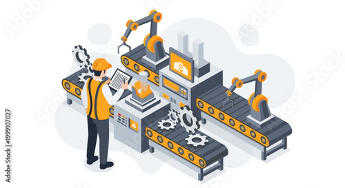 An industrial worker wearing a safety helmet and vest reviews technical data on a clipboard beside an automated factory conveyor belt system with robotic arms.