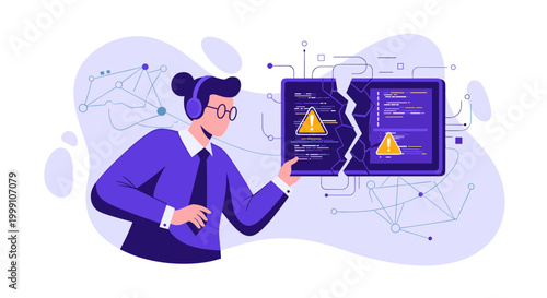 A technician with headphones interacts with a fractured digital interface screen showing yellow warning icons in a minimalist purple and white flat vector graphic design.