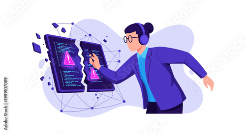 A professional in a blue blazer inspects a cracked digital display screen with a magnifying glass in a soft violet flat illustration with floating shards.