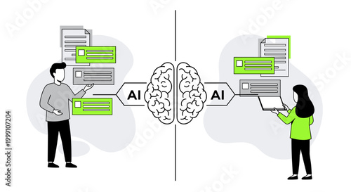 Two business professionals manage separate file lists while connected to a divided human brain icon illustrating artificial intelligence processing in a clean workspace.