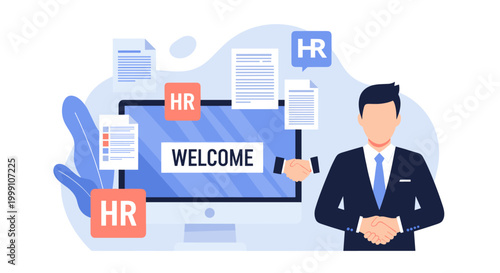 A professional man in a dark suit performs a welcoming handshake gesture in front of a computer monitor featuring multiple human resources icons on a pale blue background.