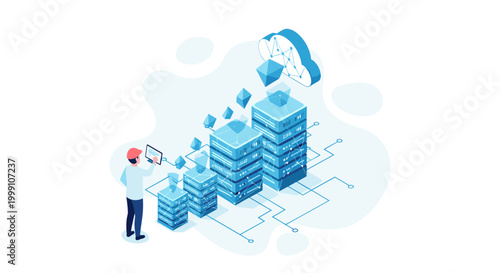 A technician wearing a red hard hat inspects isometric server towers linked to a cloud computing network via glowing circuitry lines in a light blue environment.