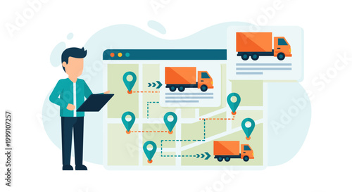 A logistics expert stands with a tablet near a visual map display featuring orange delivery truck icons and destination pins against a soft light green background environment.