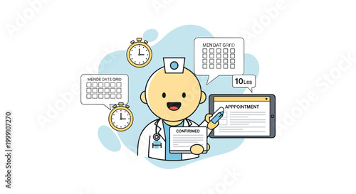 A smiling doctor in a white lab coat presents a confirmed medical document beside appointment calendar grids and timing clocks on a light blue background for health services.