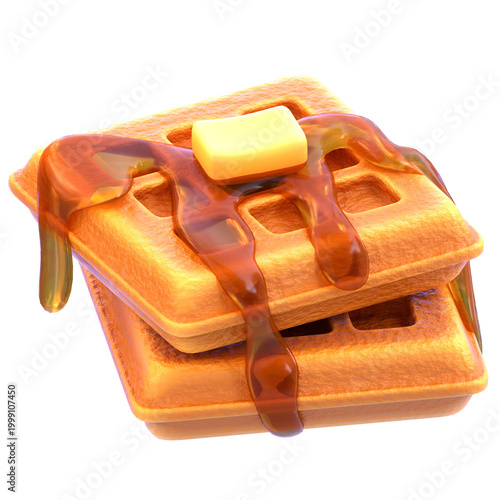 Εκτύπωση καμβά Cute 3D Honey Butter Waffle Stack Icon with Glossy Syrup and Butter Topping, Kaw