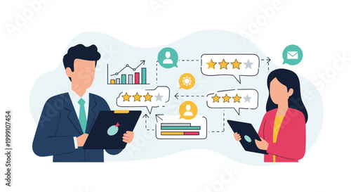 A male and female business professional review employee performance metrics and feedback data represented by floating chat bubbles with star ratings in a bright office.