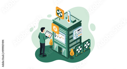 A professional in a green shirt inspects energy consumption metrics and HVAC system data on a digital tablet near an isometric building with exterior cooling.