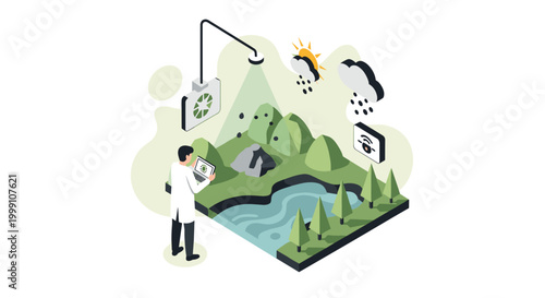A researcher uses a laptop to analyze a simulated rocky terrain and water ecosystem depicted in a flat isometric style with light green and grey color accents.