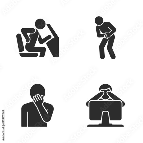 Four silhouette icons showing stretching, abdominal pain, neck pain, and working at a computer silhouette