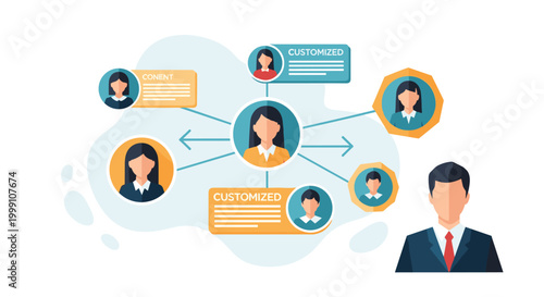 A central female professional manages a network of customized user profiles while connecting with various team members in a soft clean graphic workspace with muted colored circles