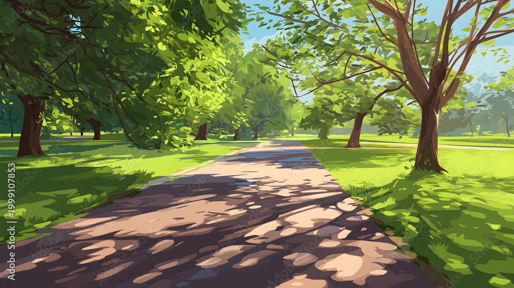 Fototapeta premium A peaceful walking path winds through a lush green public park filled with many tall trees and dappled sunlight shining down on the grass during a bright summer day