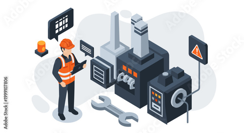 An industrial worker in a hard hat and safety vest examines factory machinery with a digital tablet while a large metal wrench lies on the floor nearby.