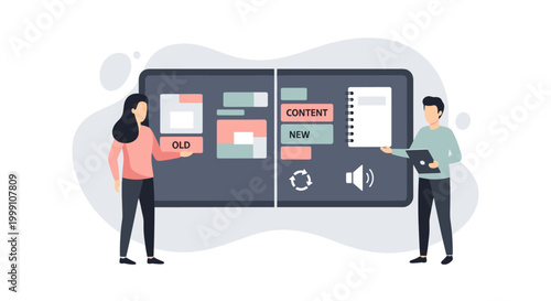 A woman and a man stand beside a large screen showcasing a comparison between old and new content in a modern office environment with soft rounded shapes.