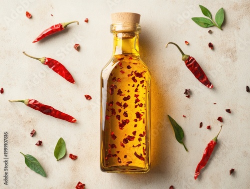 Glass bottle of infused chili oil with red peppers