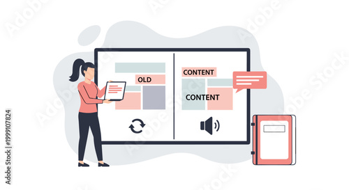 A woman stands holding a portable tablet next to a large display board that compares old and new content within a modern clean workspace environment.