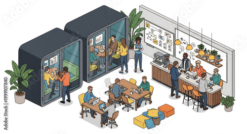 Coworking Space Vector Illustration, Startup Office Isometric Modern Work Environment Flat Design