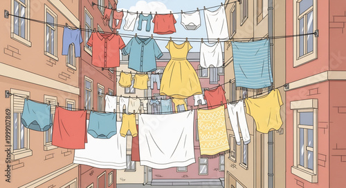 Urban Laundry Vector Illustration, Clothesline Between Apartment Buildings City Life Scene