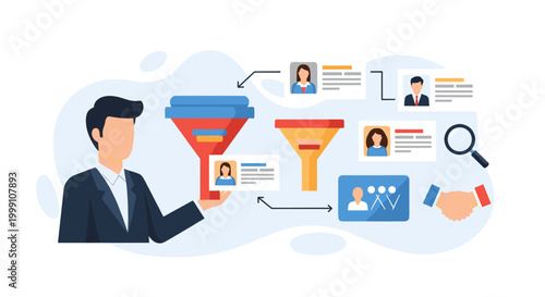 A business professional explains a multi-stage recruitment funnel process to filter job candidates with digital profiles against a clean white background with soft blue accents.