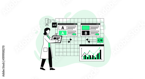A researcher evaluates website split testing variations and performance growth charts on a digital interface within a clean minimalist workspace and green accent tones.